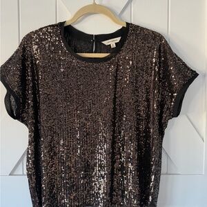 Lucky Brand Women's Black Sequin Short-Sleeve Top